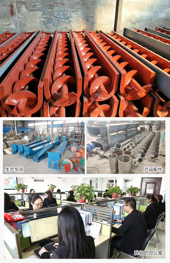 絞龍螺旋輸送機(jī)產(chǎn)品，廠區(qū)，以及辦公場地展示圖。