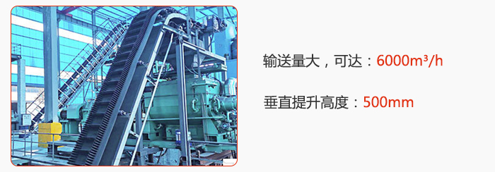 大傾角帶式輸送機輸送量大，可達：6000m3/h，垂直提升高度：500mm