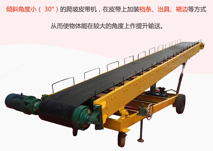 傾斜角度?。?30°）的爬坡皮帶機，在皮帶上加裝檔條、治具、裙邊等方式從而使物體能在較大的角度上作提升輸送。
